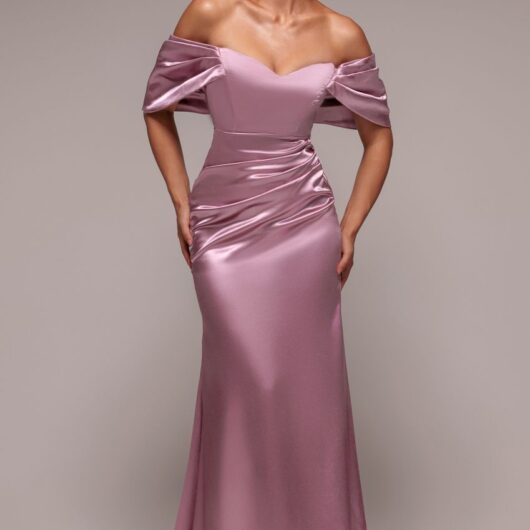 Off Shoulder Satin Maxi With V Neck - Rosepink by Goddiva